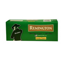 Remington Filtered Cigars Menthol, green box packaging with a silhouette of a woman wearing a hat and the Menthol flavor label. Remington Filtered Cigars Menthol, green box packaging with a silhouette of a woman wearing a hat and the Menthol flavor label.