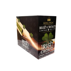 King Palm Irish Cream Terpene Infused Minis Rolls 15/5, black packaging box with green shamrock graphic and gold crown logo. King Palm Irish Cream Terpene Infused Minis Rolls 15/5, black packaging box with green shamrock graphic and gold crown logo.