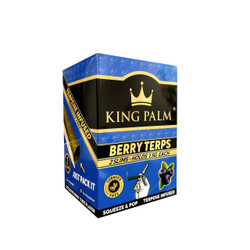 King Palm Wraps Slim Berry Terps 20Pk, a blue and black box with a gold crown logo, featuring images of berries and explaining the product's features such as being tobacco free, terpene infused, and containing 2 Slim wraps that hold 1.5 grams each.