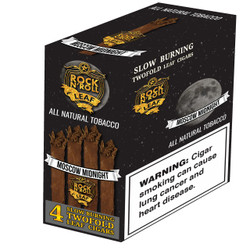 Rock N Roll Leaf Cigars 10 Ct, packaging featuring a moonlit night sky with stars, the Rock N Roll Leaf logo, and an image of four twolfold leaf cigars with a warning label.