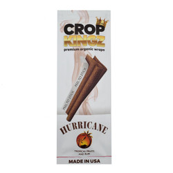 Crop Kingz Organic Hemp Wraps Hurricane, product packaging showing two brown hemp wraps with peel to stick feature, featuring tropical fruits and rum flavor, 15 count package, made in USA.