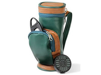 Quality Importers Humidor Golf Bag W/Cutter And Humidifier, a compact golf bag containing a cigar humidor, cutter, and humidifier with green, blue, and tan accents.