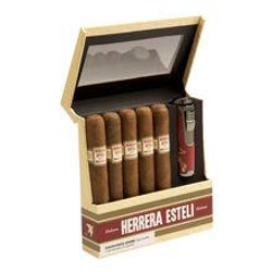 Drew Estate Herrera Esteli Habano Cigar Sampler 5Ct. Box, open wooden cigar box with five cigars and a cigar cutter inside.