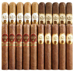 Oliva Cigars Top Twenty Brand Sampler 20CT, an assortment of cigars with various shades of brown wrappers arranged in a row.