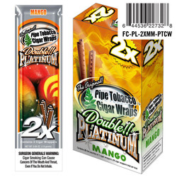 National Almond Honey Double Platinum Blunt Wraps Mello Mango, packaging box with orange and yellow flames design and two cigar wraps shown. National Almond Honey Double Platinum Blunt Wraps Mello Mango, packaging box with orange and yellow flames design and two cigar wraps shown.