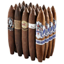 AJ Fernandez Box-Pressed Perfecto Cigar Sampler 20Ct, assortment of box-pressed perfecto cigars with various branded bands.