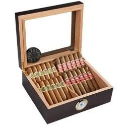 Macanudo Big Brand Humidor Combo Sampler 24 Cigars, a wooden humidor box with glass lid containing 24 cigars with colored bands.