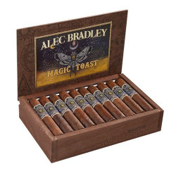 Alec Bradley Magic Toast Toro 20Ct. Box, a wooden box containing 20 cigars with blue and gold bands, opened to display the cigars inside. Alec Bradley Magic Toast Toro 20Ct. Box, a wooden box containing 20 cigars with blue and gold bands, opened to display the cigars inside.