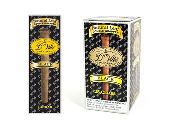 Swisher International D'Ville Cigars Black 25 Singles/Box, featuring black and gold packaging with a single cigar visible through the window.