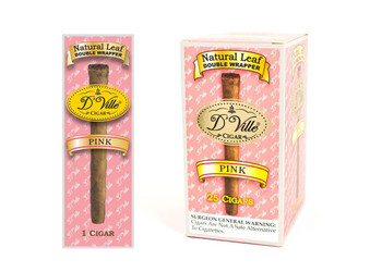 Swisher International D'Ville Cigars Pink 25 Singles/Box, pink packaging with a cigars inside visible through a clear window.