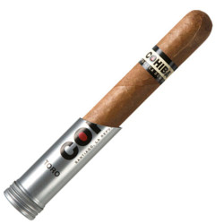 Cohiba Dominican Cigars Toro Tube 10Ct.Box, a single cigar with a brown wrapper and a silver tube packaging. Cohiba Dominican Cigars Toro Tube 10Ct.Box, a single cigar with a brown wrapper and a silver tube packaging.