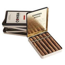 Cohiba Dominican Cigars Pequenos 5/6 Tins, open tin box displaying cigars inside. Cohiba Dominican Cigars Pequenos 5/6 Tins, open tin box displaying cigars inside.