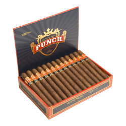Punch Classic Punch Londsdale Cigars 25Ct. Box, open box of 25 cigars with dark brown wrappers and red and gold bands.