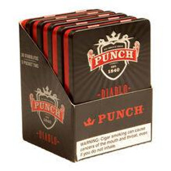 Punch Diablo Diabolitos Cigars Tin 5/6, display of cigar tins with black and red packaging featuring the Punch logo and brand design.