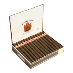 Punch Presidente Maduro Cigars 25Ct. Box, open box displaying 25 dark brown cigars with red and white bands. Punch Presidente Maduro Cigars 25Ct. Box, open box displaying 25 dark brown cigars with red and white bands.