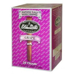 Swisher International Bluntville Cigarillos Grape 25 Cigars, purple and pink packaging with a cigarillo image and product details.