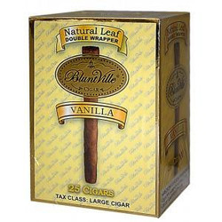 Swisher International Bluntville Cigars Vanilla, box of 25 large cigars with vanilla flavor and double wrapper design. Swisher International Bluntville Cigars Vanilla, box of 25 large cigars with vanilla flavor and double wrapper design.