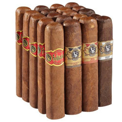 Victor Sinclair Box-Pressed Doppel Gordo Cigars Sampler, collection of large handcrafted cigars with colorful bands displayed upright. Victor Sinclair Box-Pressed Doppel Gordo Cigars Sampler, collection of large handcrafted cigars with colorful bands displayed upright.
