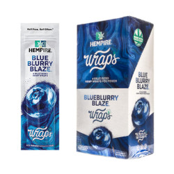 Hempire Wraps Blueblurry Blaze 15/4 Packs, image of a pack and box of hemp wraps with blue abstract design and blueberry graphic.