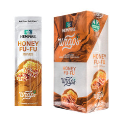 Hempire Wraps Honey Fu-Fu 15/4 Packs, pack and box of organic hemp honey flavored wraps for rolling.