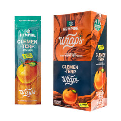 Hempire Wraps Clemen-Terp 15/4 Packs, package and individual pack displayed, featuring images of fresh peaches and design elements highlighting organic hemp and terpene infusion.
