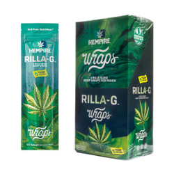 Hempire Wraps Rilla-G 15/4 Packs, image shows a pack of four rillo-sized hemp wraps with a cannabis leaf illustration on the packaging. Hempire Wraps Rilla-G 15/4 Packs, image shows a pack of four rillo-sized hemp wraps with a cannabis leaf illustration on the packaging.