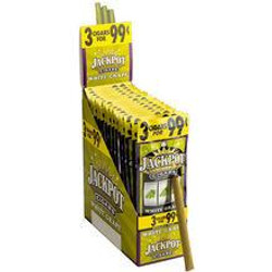 Swedish Match Jackpot Cigarillos White Grape 15/3 Ct, display of packs with yellow and black packaging showcasing the product name and flavor.