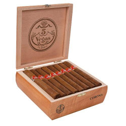 5 Vegas Classic Corona Cigars 25 Ct. Box, open wooden cigar box containing twenty-five cigars with red band labels, showcasing the product packaging and presentation.