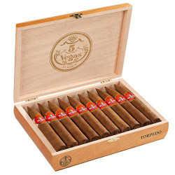 5 Vegas Classic Torpedo Cigars 20Ct. Box, wooden cigar box with 10 cigars inside and 5 Vegas logo on the lid.