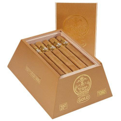 5 Vegas Gold Toro Cigars 20Ct. Box, opened featuring five cigars with gold and white bands in a gold-colored presentation box.