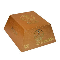 5 Vegas Gold Double Nickel Cigars 20Ct. Box, a gold-colored cigar box with branding and designs on it. 5 Vegas Gold Double Nickel Cigars 20Ct. Box, a gold-colored cigar box with branding and designs on it.