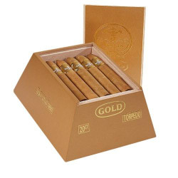 5 Vegas Gold Torpedo Cigars 20Ct. Box, a gold-colored box containing five cigars with gold bands inside a partially opened box with a lid that features the gold 5 Vegas logo.