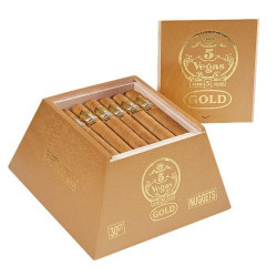 5 Vegas Gold Nuggets Cigars 30Ct. Box, rectangular gold box with a transparent lid showing wrapped cigars inside and gold branding on the packaging.