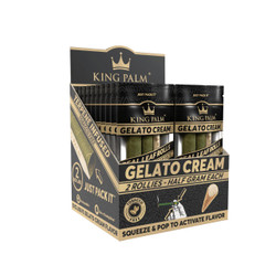 Product King Palm Wraps King Palm Rollies Rolls Gelato Cream 20/2Pk, black packaging with green leaf rolls inside and a gelato ice cream cone illustration on the box.