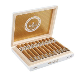 Perdomo 5 Vegas Gold Anniversary Churchill Cigars 20Ct. Box, an open wooden box displaying rows of cigars with gold and silver bands, with a gold interior lining featuring the 5 Vegas logo.