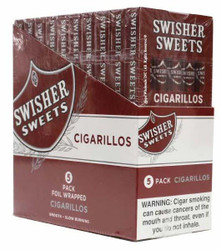 Swisher International Swisher Sweets Cigarillo Regular 10 Packs of 5, retail packaging of cigarillos with red and white design, featuring the Swisher Sweets logo and warning label.