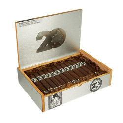Drew Estate ACID 20 Robusto Cigars Tubo BP Pack of 25, packaged in a wooden box with a silver interior lid featuring a large number 20 and a dragon logo, surrounded by cigar filler and brown protective cradling.