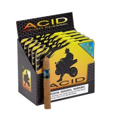 Drew Estate ACID Cigars by Drew Estate Krush Blue Connecticut 50Ct, display box of cigars with a single cigar in front. Drew Estate ACID Cigars by Drew Estate Krush Blue Connecticut 50Ct, display box of cigars with a single cigar in front.