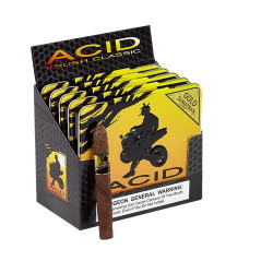 Drew Estate ACID Cigars by Drew Estate Krush Gold Sumatra 50Ct, a display box of cigars with one cigar placed in front, featuring a black and yellow design with a silhouette of a motorcyclist.