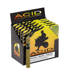 Drew Estate ACID Cigars by Drew Estate Krush Green Candela 50Ct, box of cigars with yellow packaging featuring a motorcycle rider silhouette.