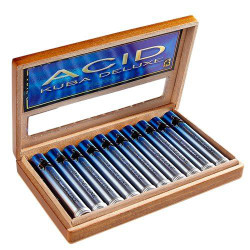 Drew Estate ACID Kuba Deluxe Tubos 10Ct. Box, a wooden cigar box containing ten cigars in blue and silver packaging with the ACID Kuba Deluxe label.