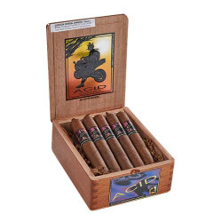 Drew Estate ACID Cigars by Drew Estate Extra Ordinary Larry 10Ct.Box, opened wooden cigar box showcasing a row of cigars with colorful bands inside.