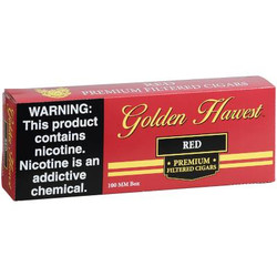 Rouseco Golden Harvest Filtered Cigars Red 10/20, box of premium filtered cigars in red packaging with gold and black accents. Rouseco Golden Harvest Filtered Cigars Red 10/20, box of premium filtered cigars in red packaging with gold and black accents.