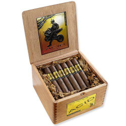 Drew Estate ACID Cigars by Drew Estate Atom Maduro 24Ct. Box, open wooden cigar box with cigars inside and branded artwork on the inside of the lid.