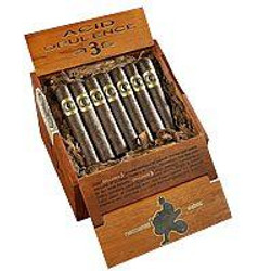 Drew Estate ACID Opulence 3 Torpedo Cigars 21Ct. Box, open cigar box displaying wrapped cigars arranged inside with branding and packaging details visible.