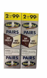 Swedish Match White Owl Cigarillos Dark/White Chocolate 30/2, two packs of White Owl cigarillos with dark and white chocolate flavors, featuring owl logo and warning label on packaging.