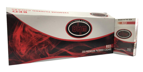 OHM Filtered Cigars Full Flavor, packaging of red filtered cigars with a white box and red and black design featuring the OHM logo and smoke graphics. OHM Filtered Cigars Full Flavor, packaging of red filtered cigars with a white box and red and black design featuring the OHM logo and smoke graphics.