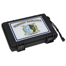 Tommy Bahama Back Nine Golf Series 610 Travel Humidor, black portable travel humidor with Tommy Bahama branding and secure latch.