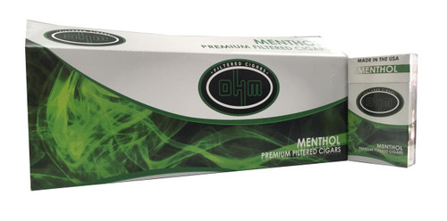 OHM Filtered Cigars Menthol 10/20 Carton, green and white packaging with smoke design and black logo. OHM Filtered Cigars Menthol 10/20 Carton, green and white packaging with smoke design and black logo.