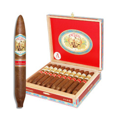 AJ Fernandez Enclave by AJ Fernandez Figurado Cigars 20Ct. Box, a wooden box filled with 20 cigars and one cigar standing outside the box, featuring detailed labels and a red and gold design.